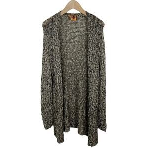 Tory Burch Open Knit Crochet Open Front Cardigan Sweater Tan & Black Size XS